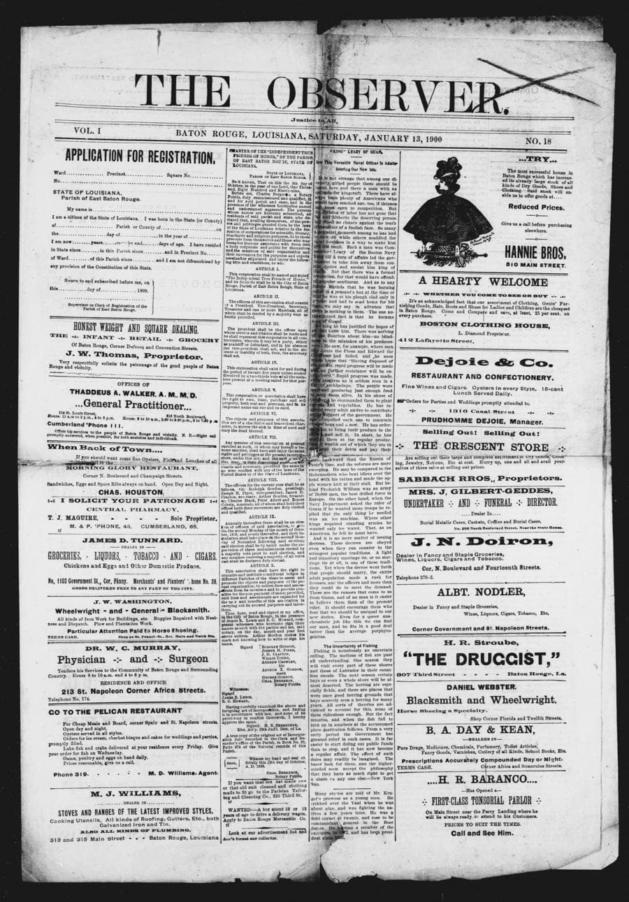Front page of The Observer, Baton Rouge, January 13, 1900