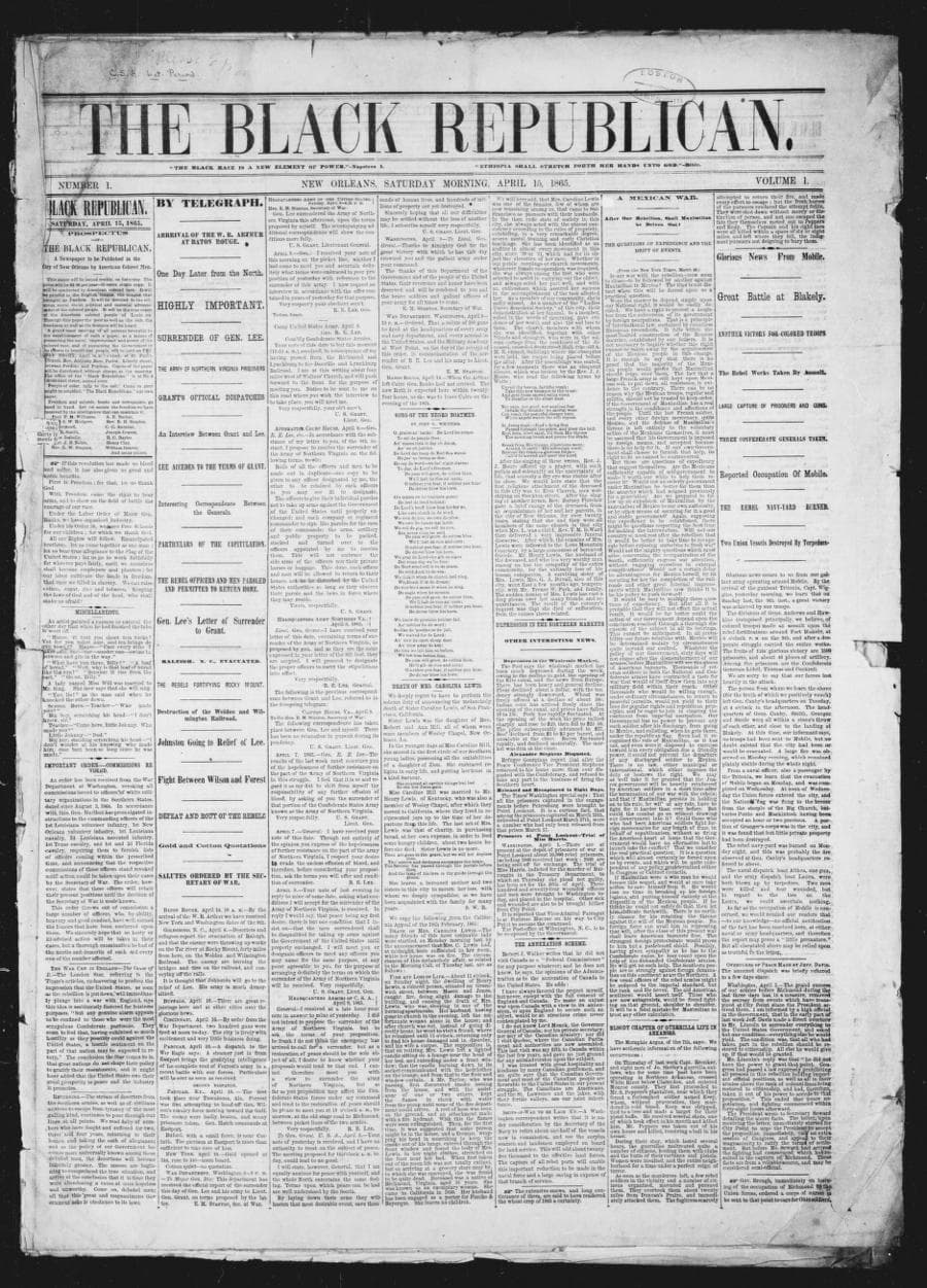Front page of The Black Republican, April 15, 1865