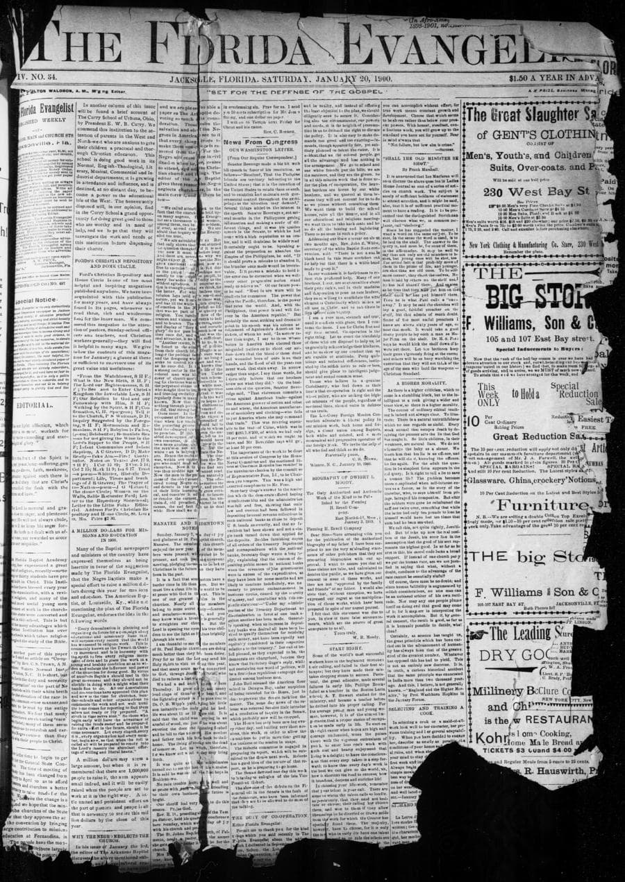 Front page of The Florida Evangelist, January 20, 1900