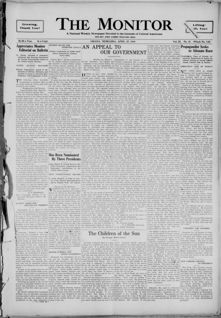 Front page of The Monitor, Omaha, April 27, 1918